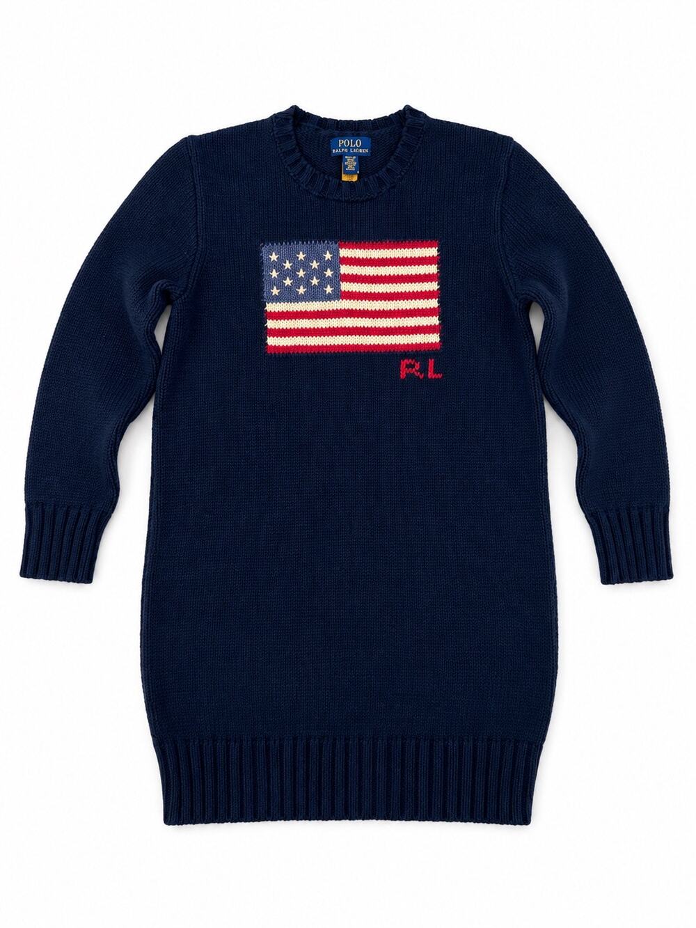 Polo Ralph Lauren Girls Flag Intarsia Knit Sweater Dress Navy Size M 8-10 NWT